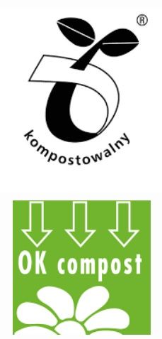 Znaki produkt kompostowalny oraz znak zgodności OK compost.