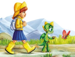Kilkuletnia dziewczynka i mały zielony smok spacerują na tle gór.